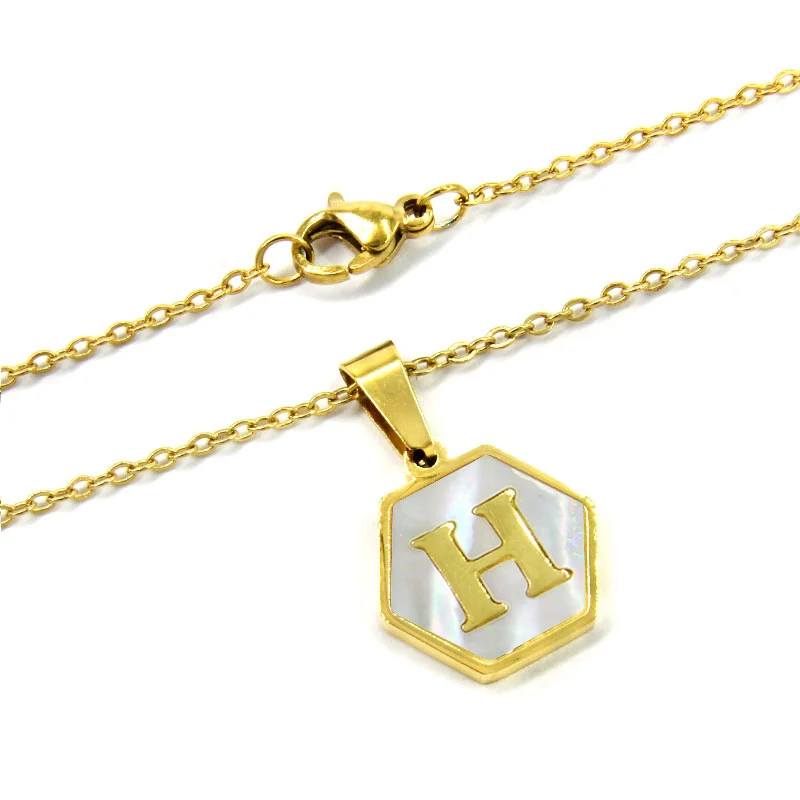 Collar Acero Inox Dorado Hexagonal Letra H Madre Perla
