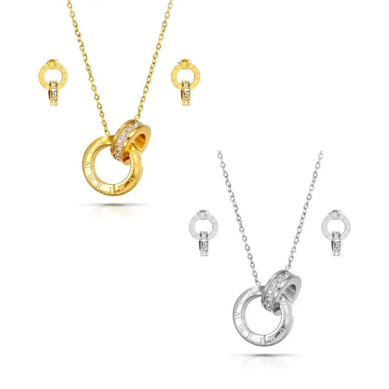 Set Joyería Aros Entrelazados Zirconias Números Romanos