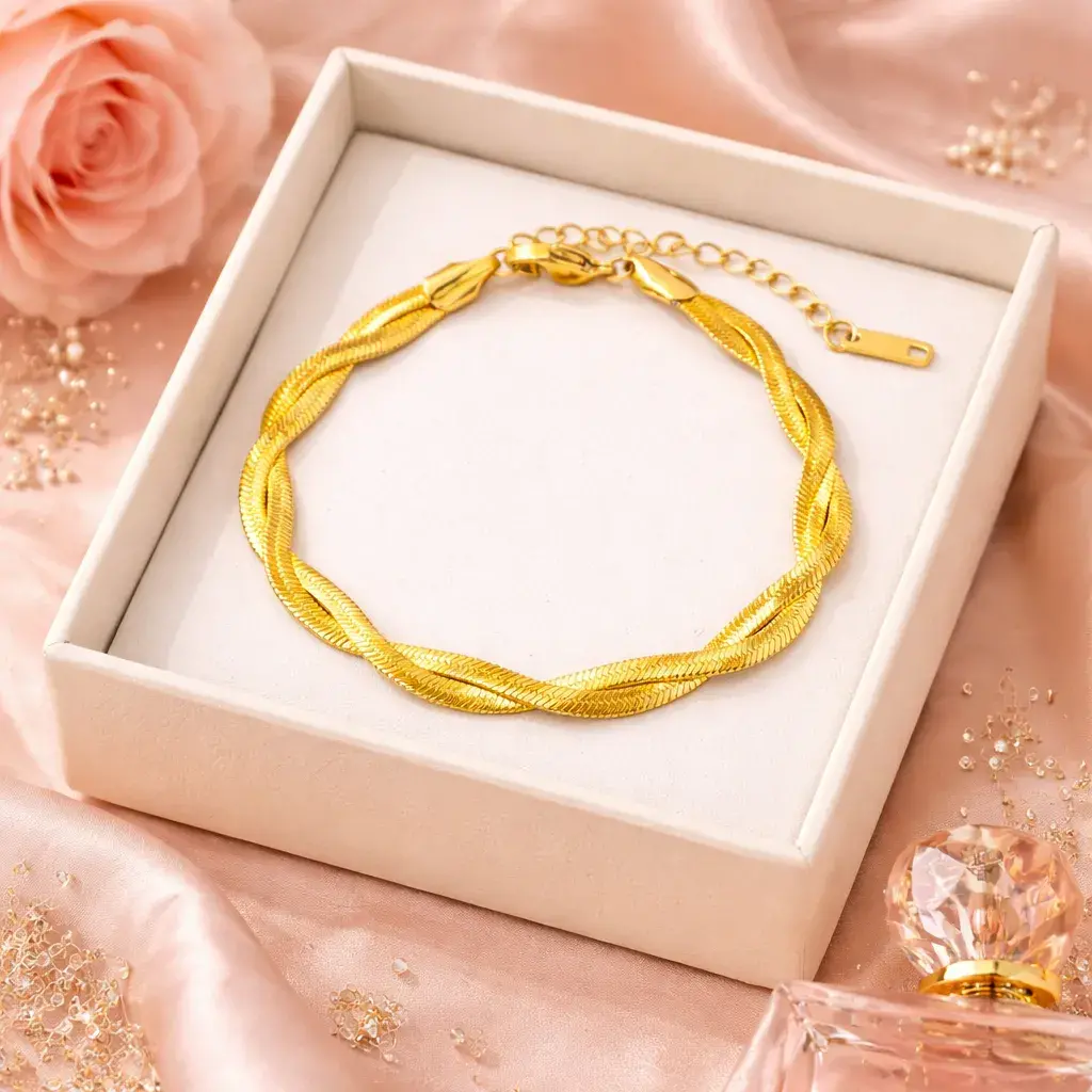 Pulsera Acero Dorado Panza de Vibora Doble Trenzada