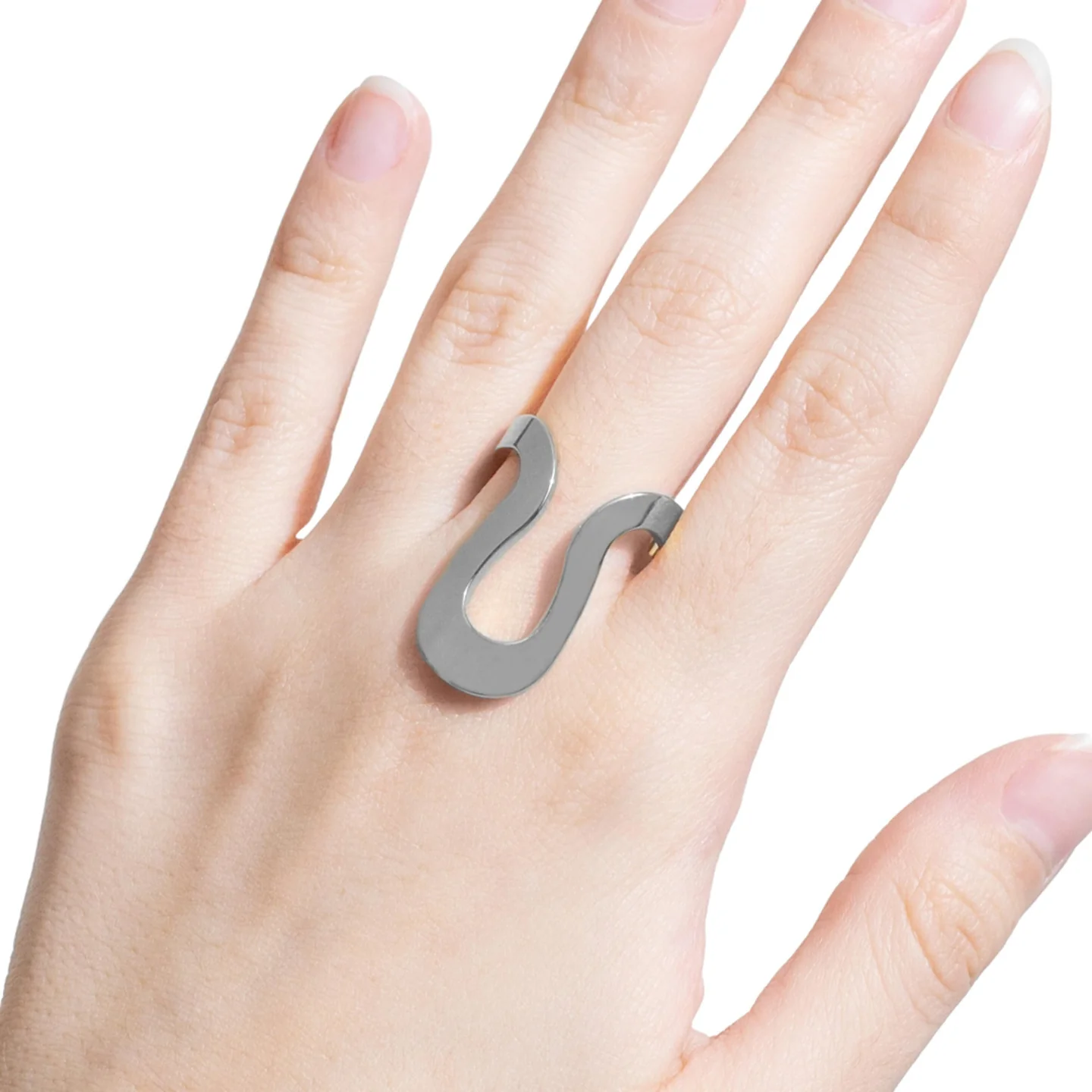 Anillo Acero Inox Plateado Contorno Gota Largo Ajustable