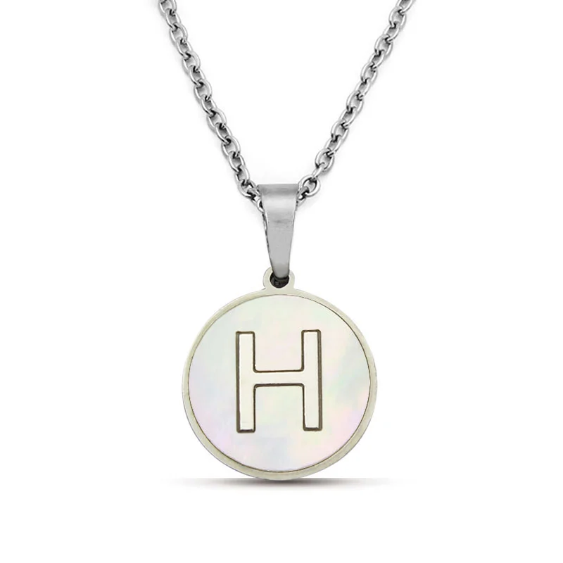 Collar Acero Plateado Circular Letra H Madre Perla
