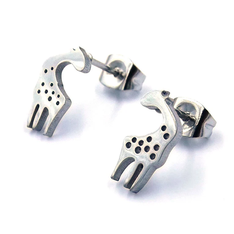 Aretes Tipo Broquel Acero Plateado Jirafa Africana