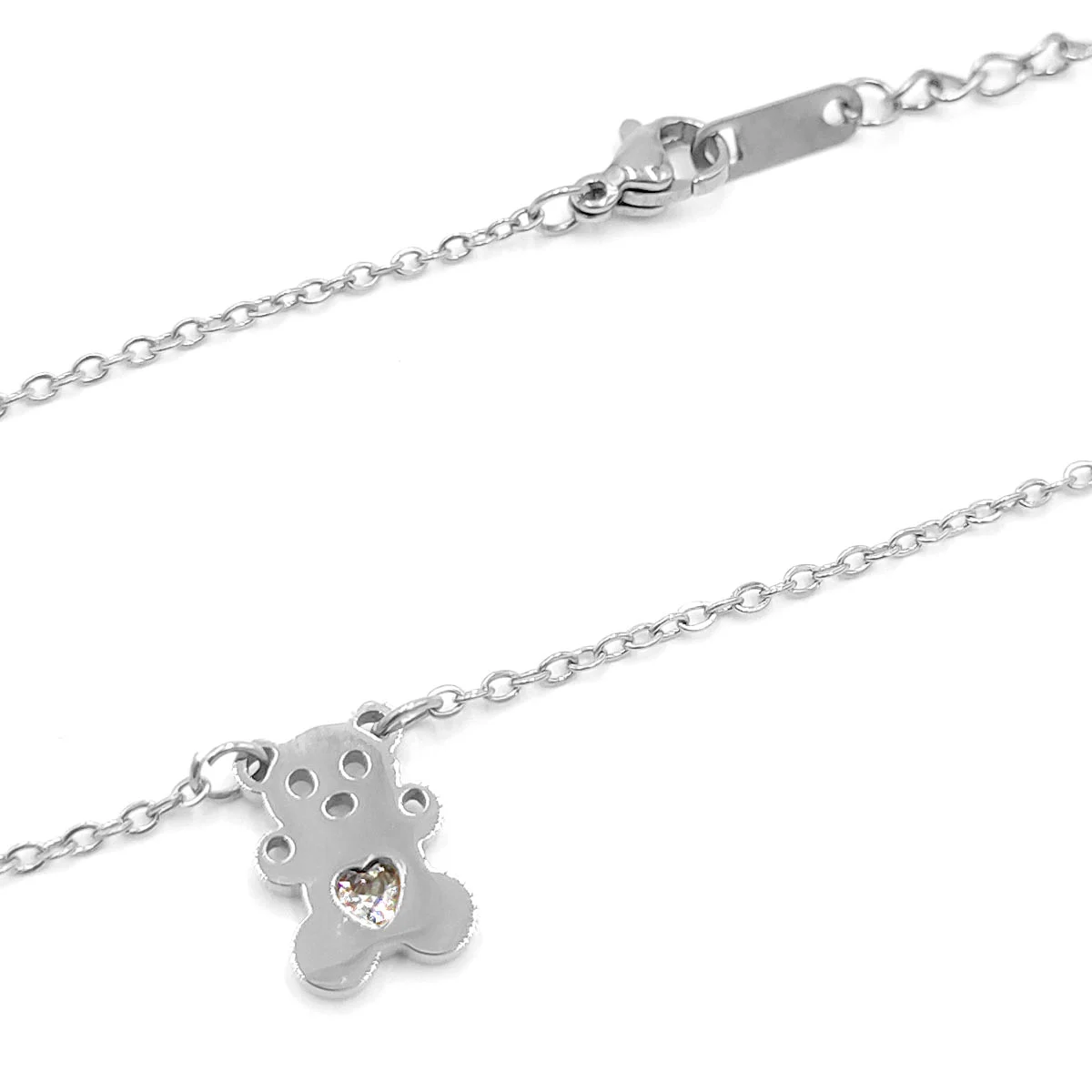 Collar Acero Plateado Osito Tierno Zirconia Corazón Amor