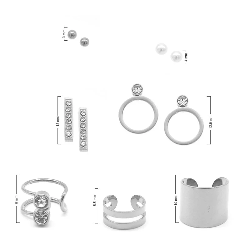 Set de Aretes Broquel Ear Cuff Acero Inoxidable Plateado