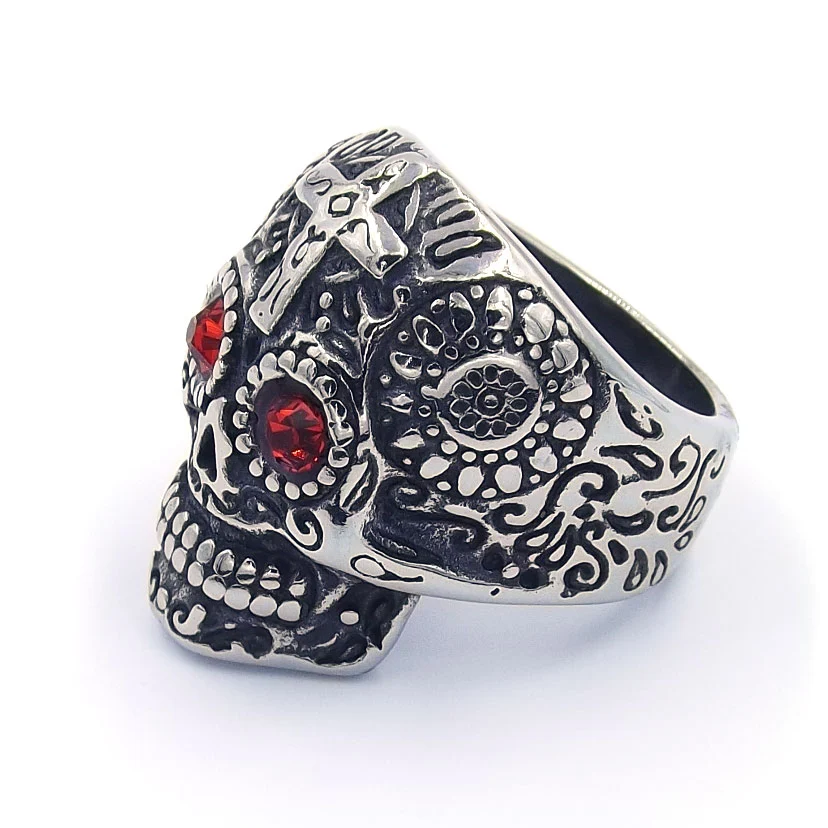 Anillo Acero Plateado Calavera Catrina Ojos de Ruby
