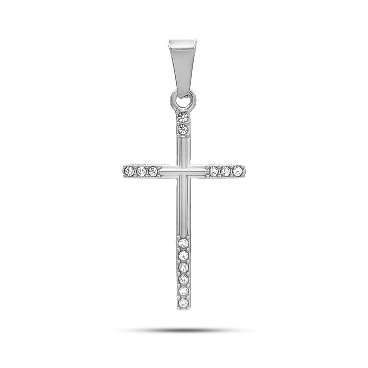 Dije Acero Inox Cruz Delgada Cristales Claros en Extremos