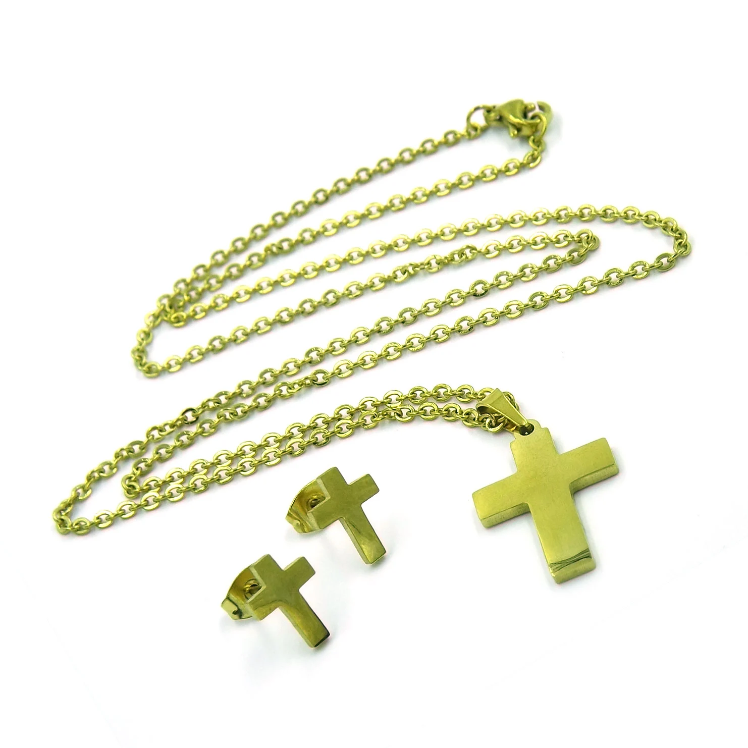 Set Joyería Acero Dorado Collar Aretes Cruz Lisa Tradicional