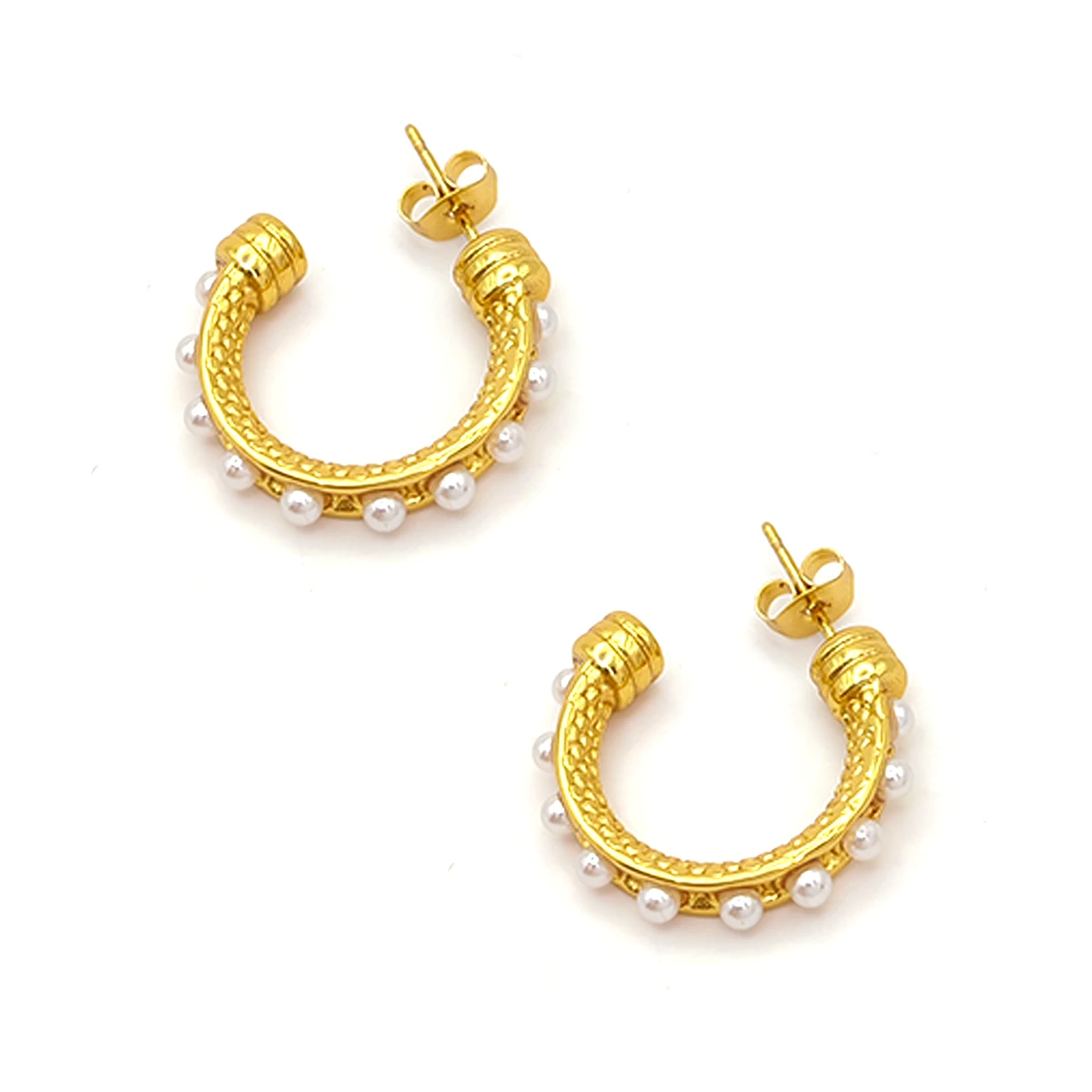 Aretes Acero Dorado Media Arracada Fila Perlas Pequeñas