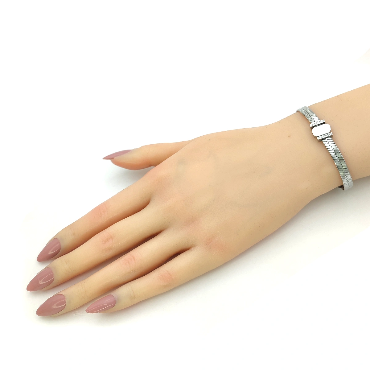 Pulsera Acero Plateado Planchada Cuenta Grabado Zirconia