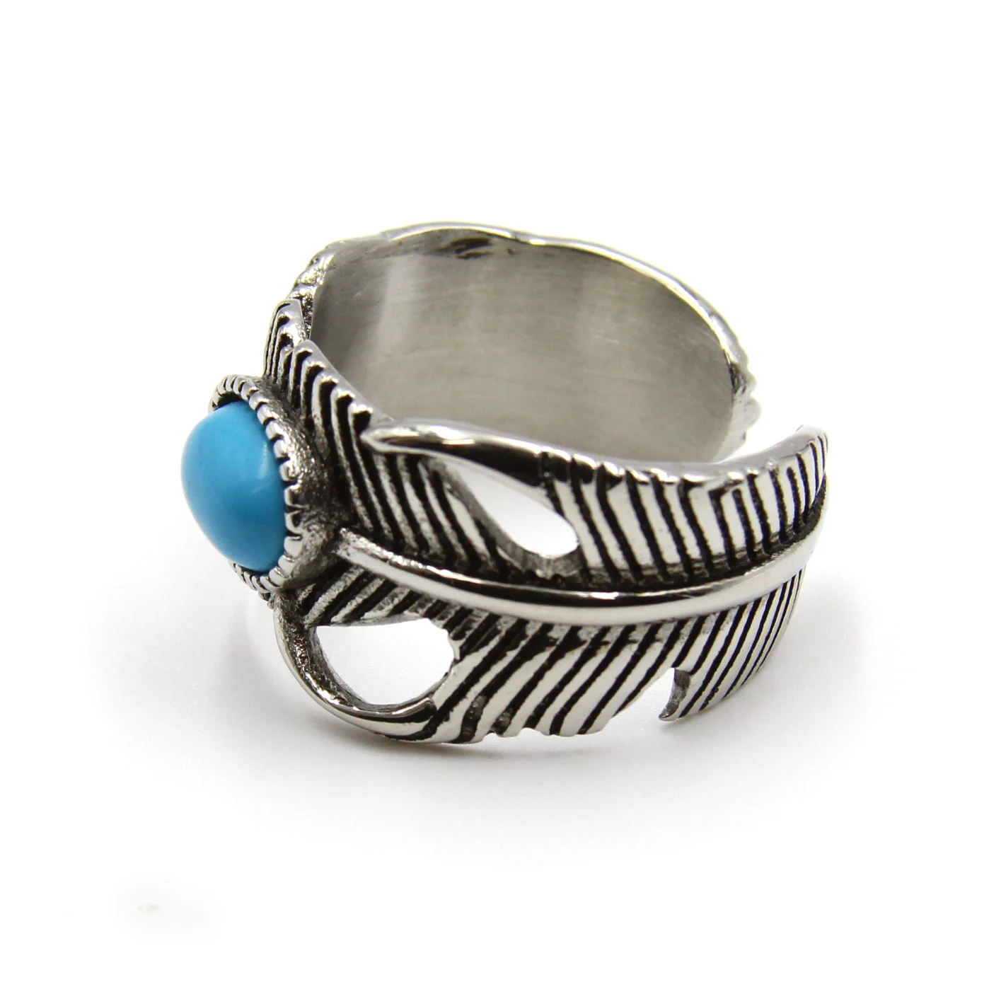Anillo Acero Plateado Pluma Ave Piedra Turquesa