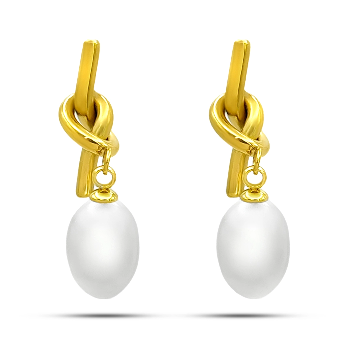 Aretes Acero Dorado Nudo con Perla Ovalada Colgante