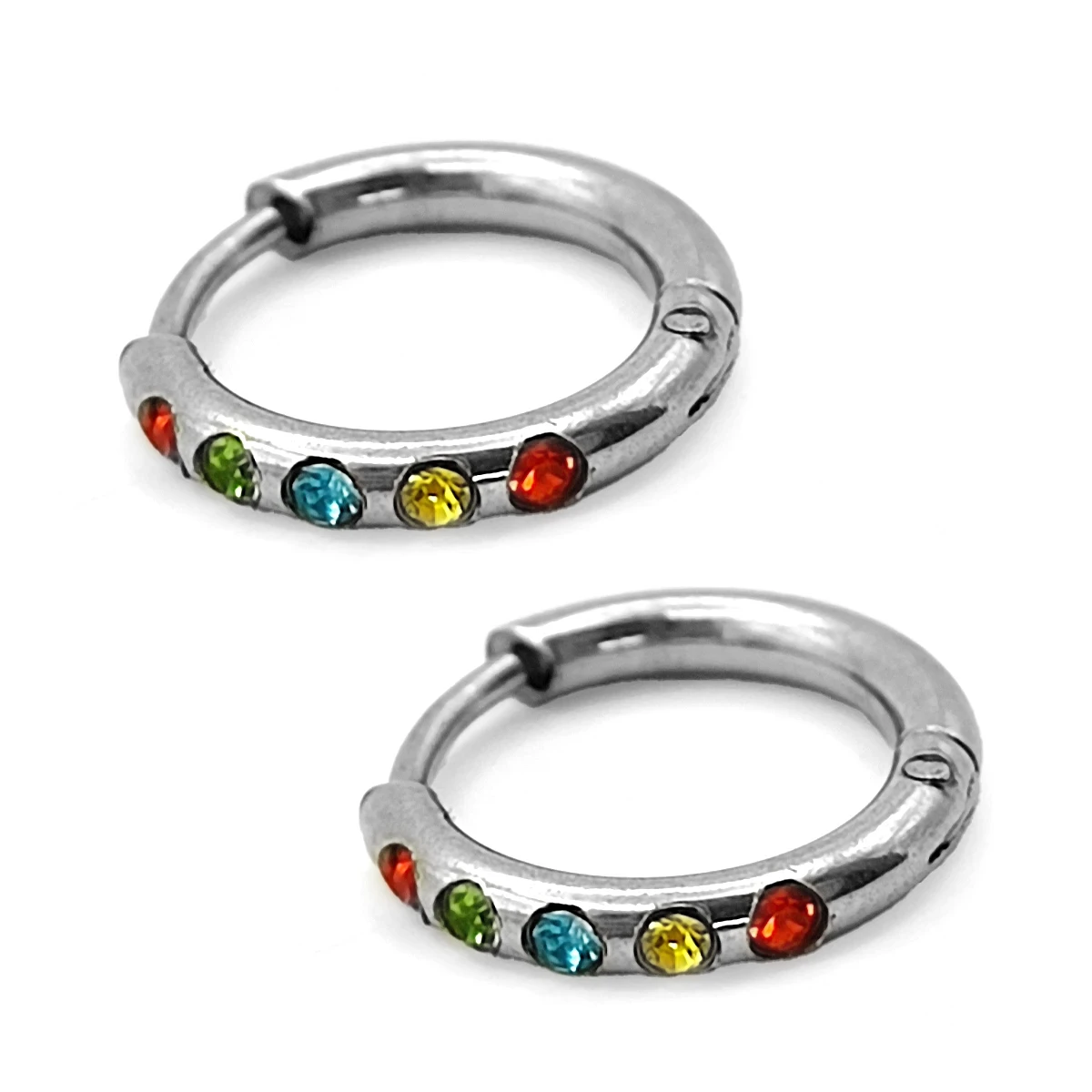 Aretes Acero Plateado Huggie Delgado Cristales Multicolor