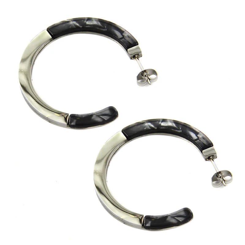Aretes Acero Plateado Retro Media Arracada Plana Resina