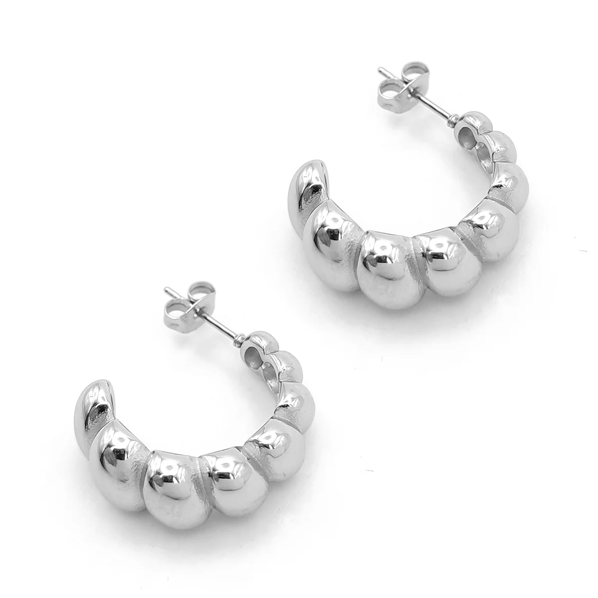 Aretes Acero Plateado Media Arracada Chunky Oruga Bolitas