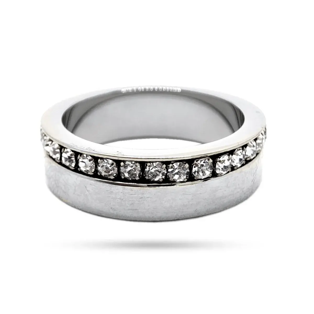 Anillo Acero Plateado Elegante Argolla Linea Zirconias