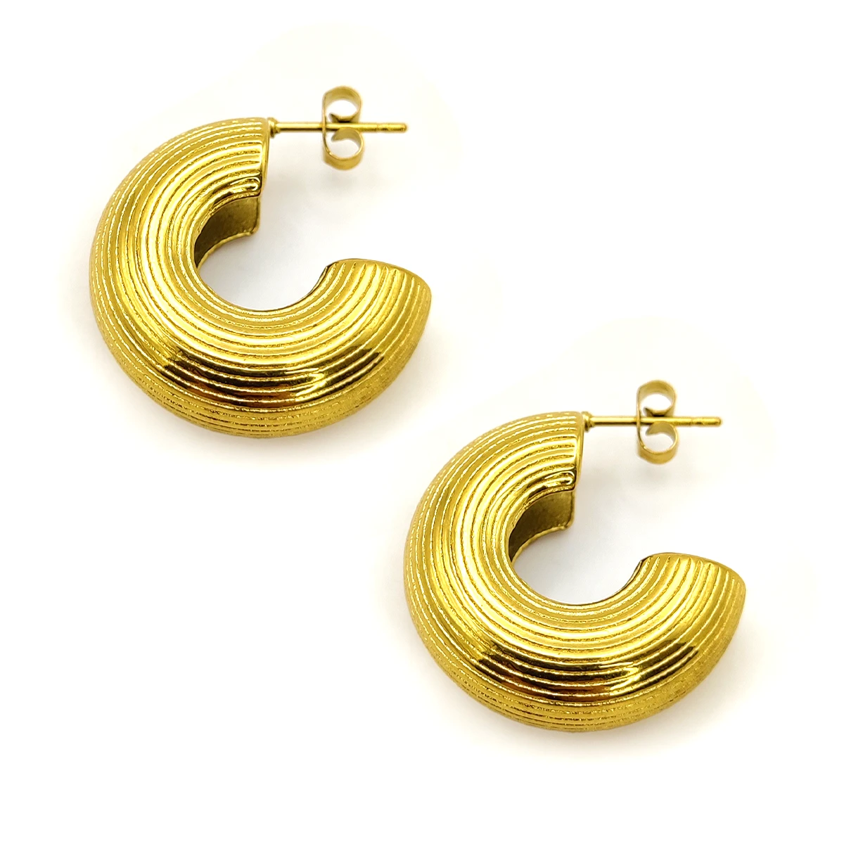 Aretes Acero Dorado Media Arracada En C Chunky Rayas