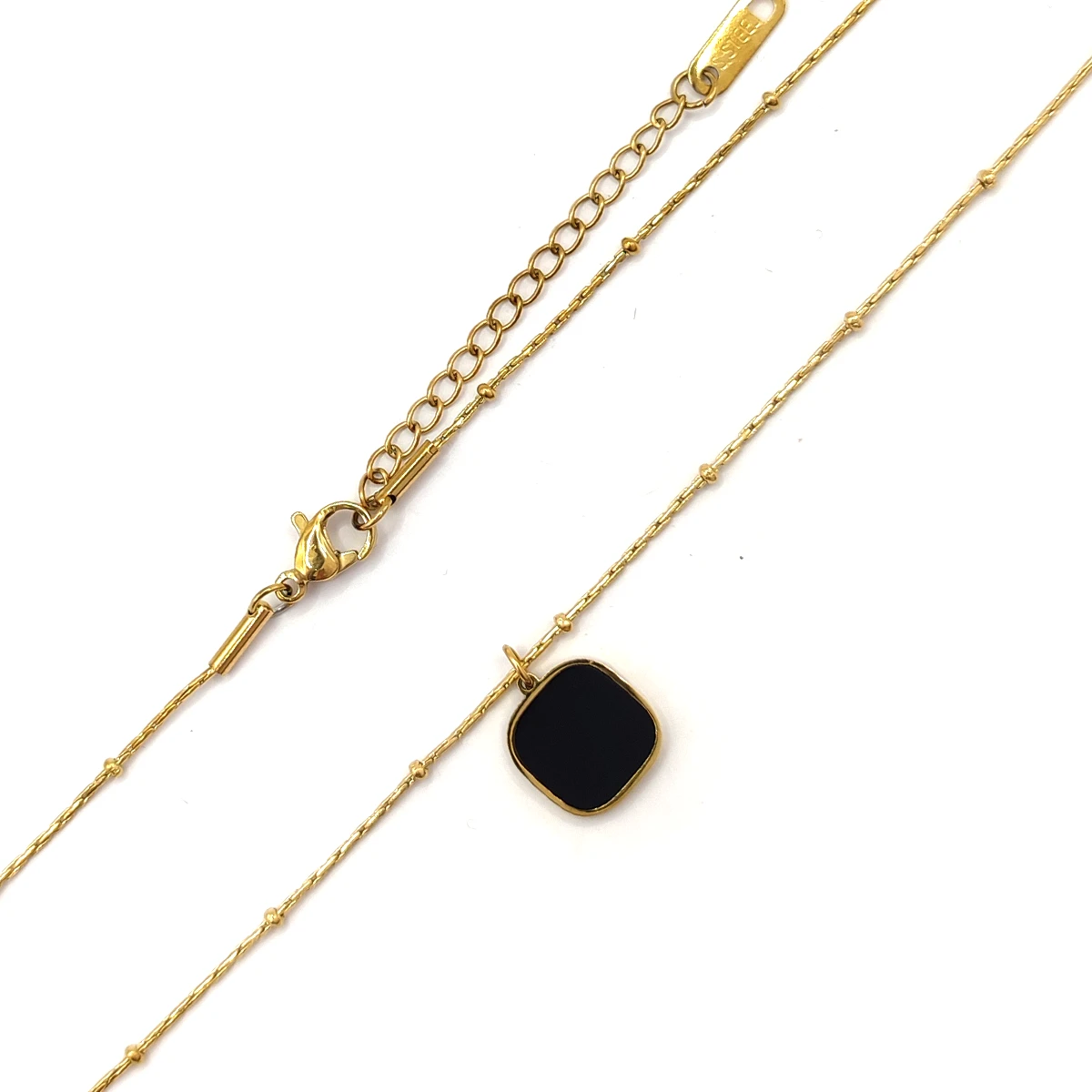 Collar Acero Dorado Cuadro Negro Cadena Espiga Balines