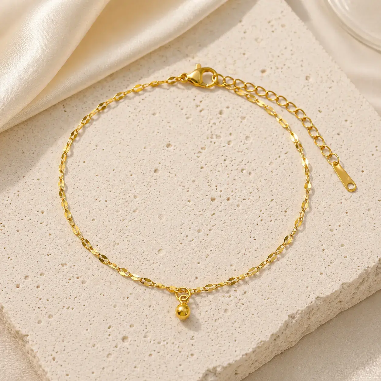 Tobillera Acero Dorado Cadena Petatillo Balin Colgante
