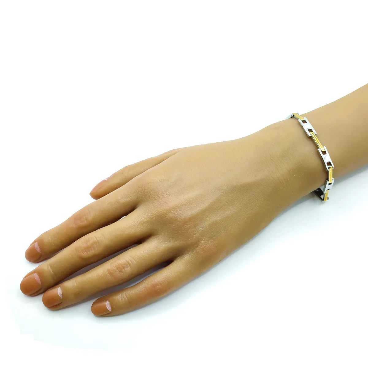 Pulsera Acero Inox Bicolor Barra Larga y Eslabon Hombre