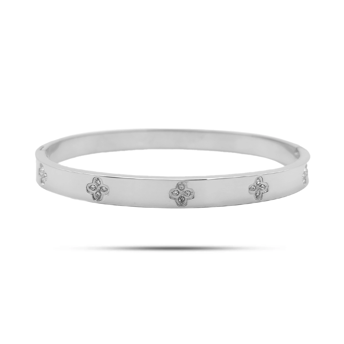 Pulsera Acero Plateado Brazalete Rigido Trébol Cristales