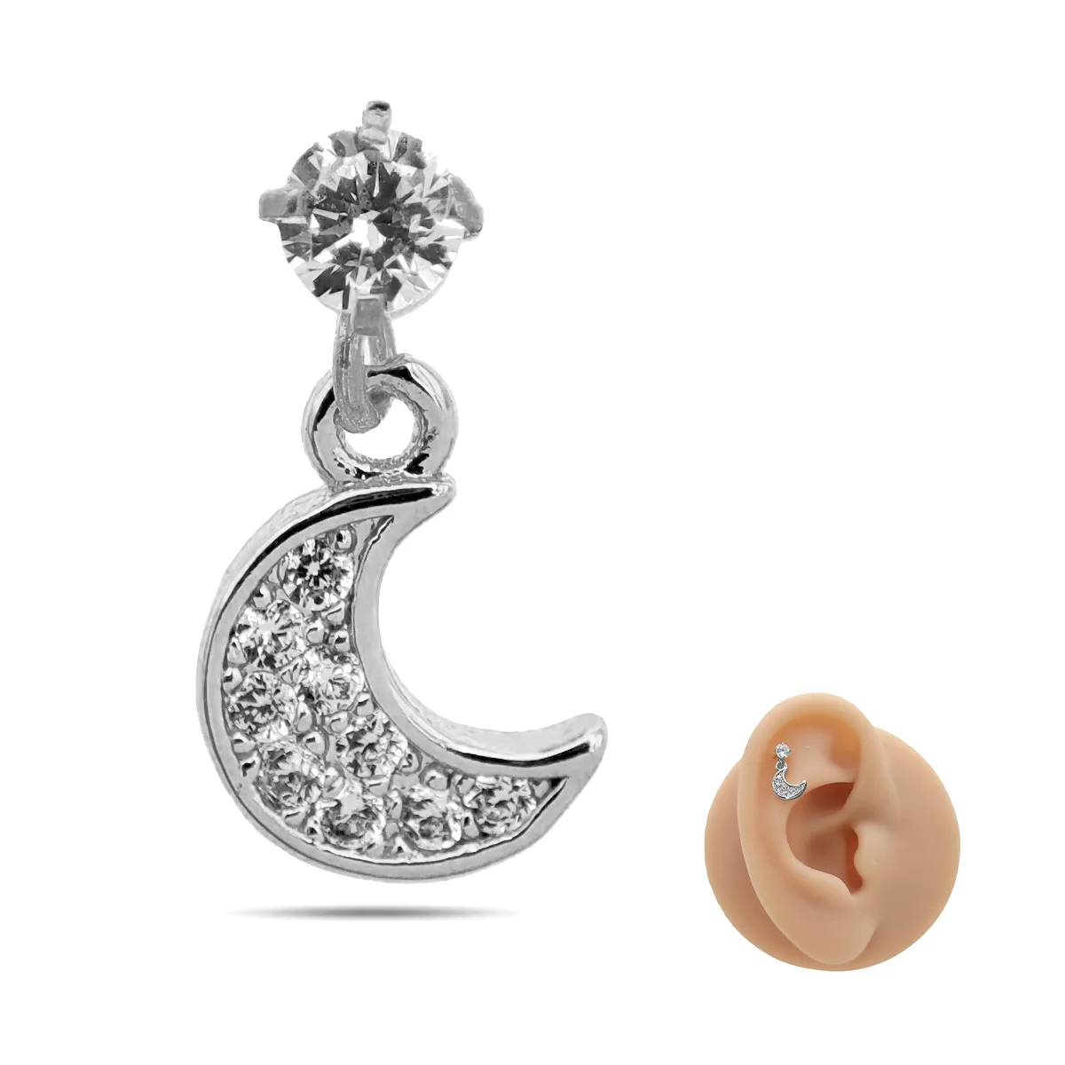Piercing de Oreja Acero Colgante Luna Zirconia Clara