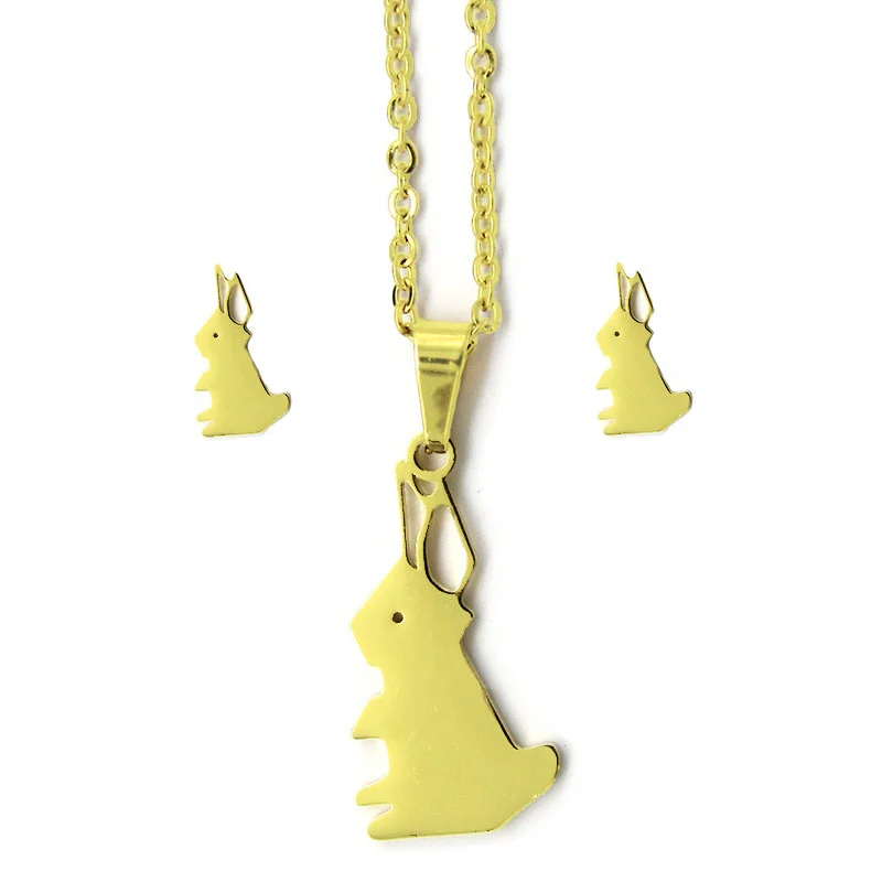 Set de Joyeria Acero Dorado Conejos Conejitos