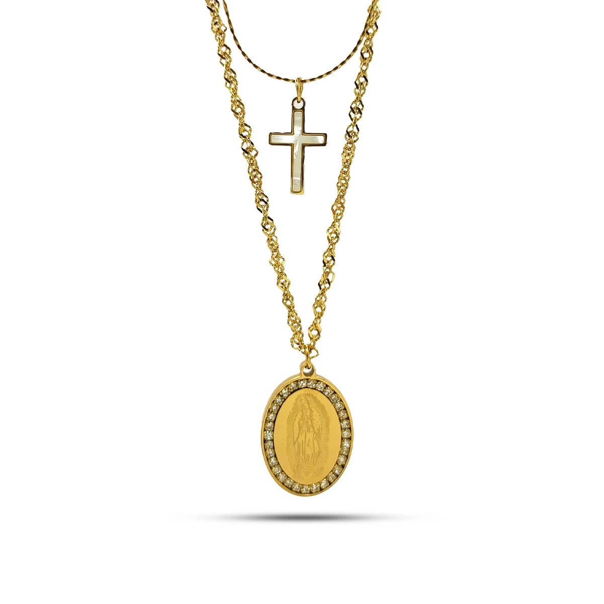 Collar Acero Doble Virgen de Guadalupe Cruz Madre Perla