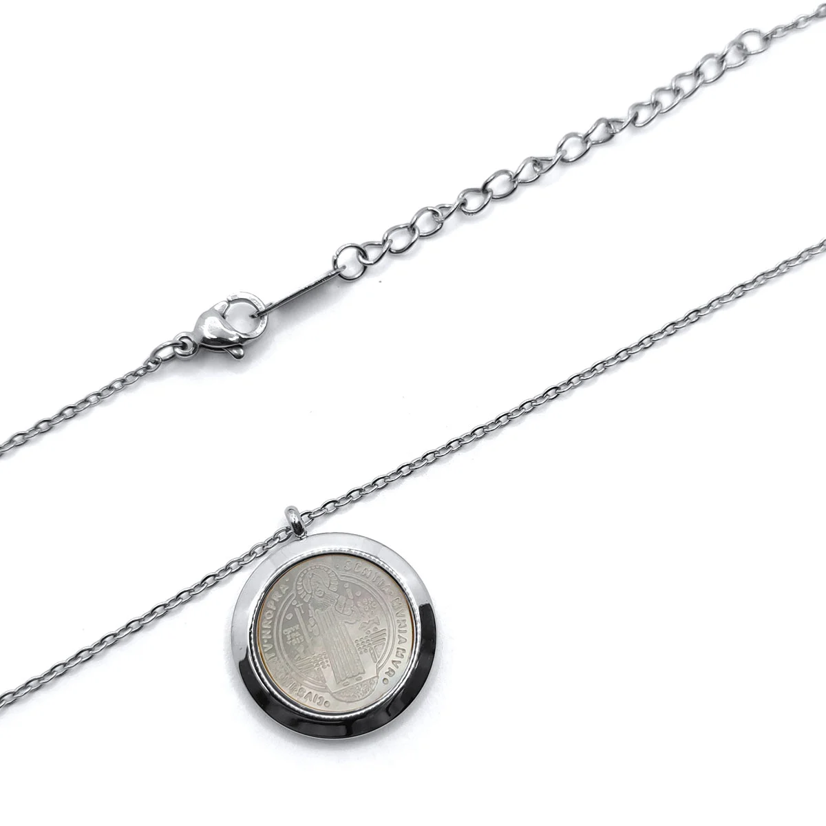 Collar Acero Inox Plateado San benito Madre Perla Medalla