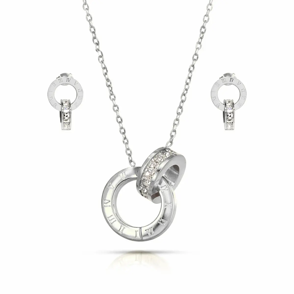 Set Joyería Aros Entrelazados Zirconias Números Romanos