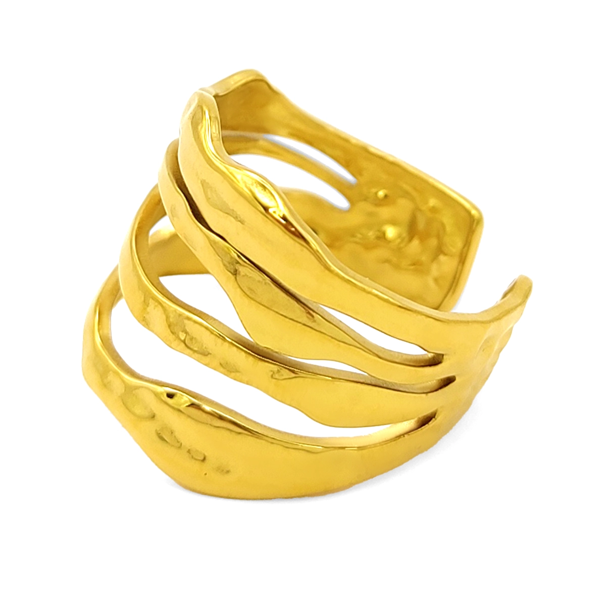 Anillo Acero Inox Dorado Martillado Lineas Horizontales