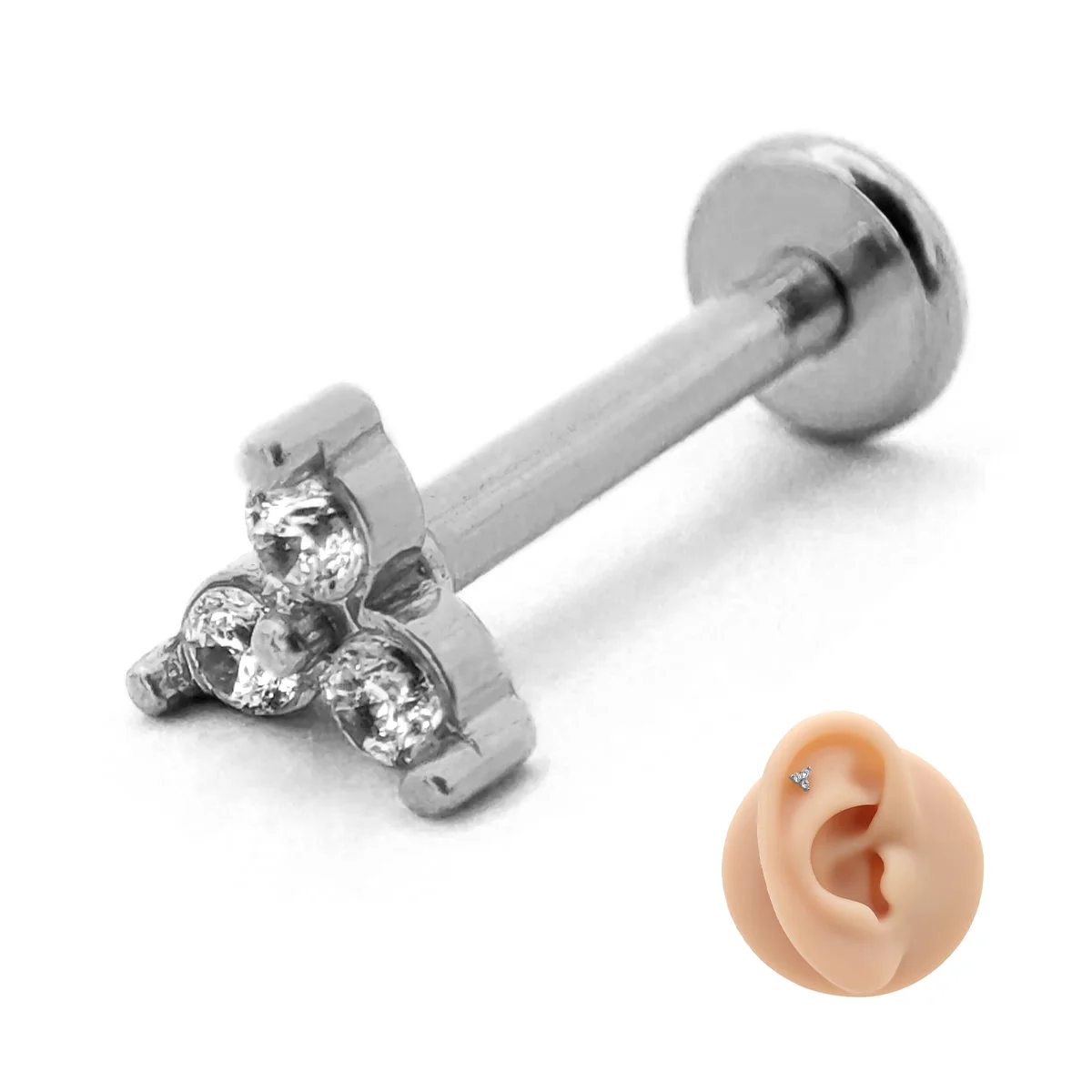 Piercing de Oreja Acero Triangulo Tres Zirconias Claras