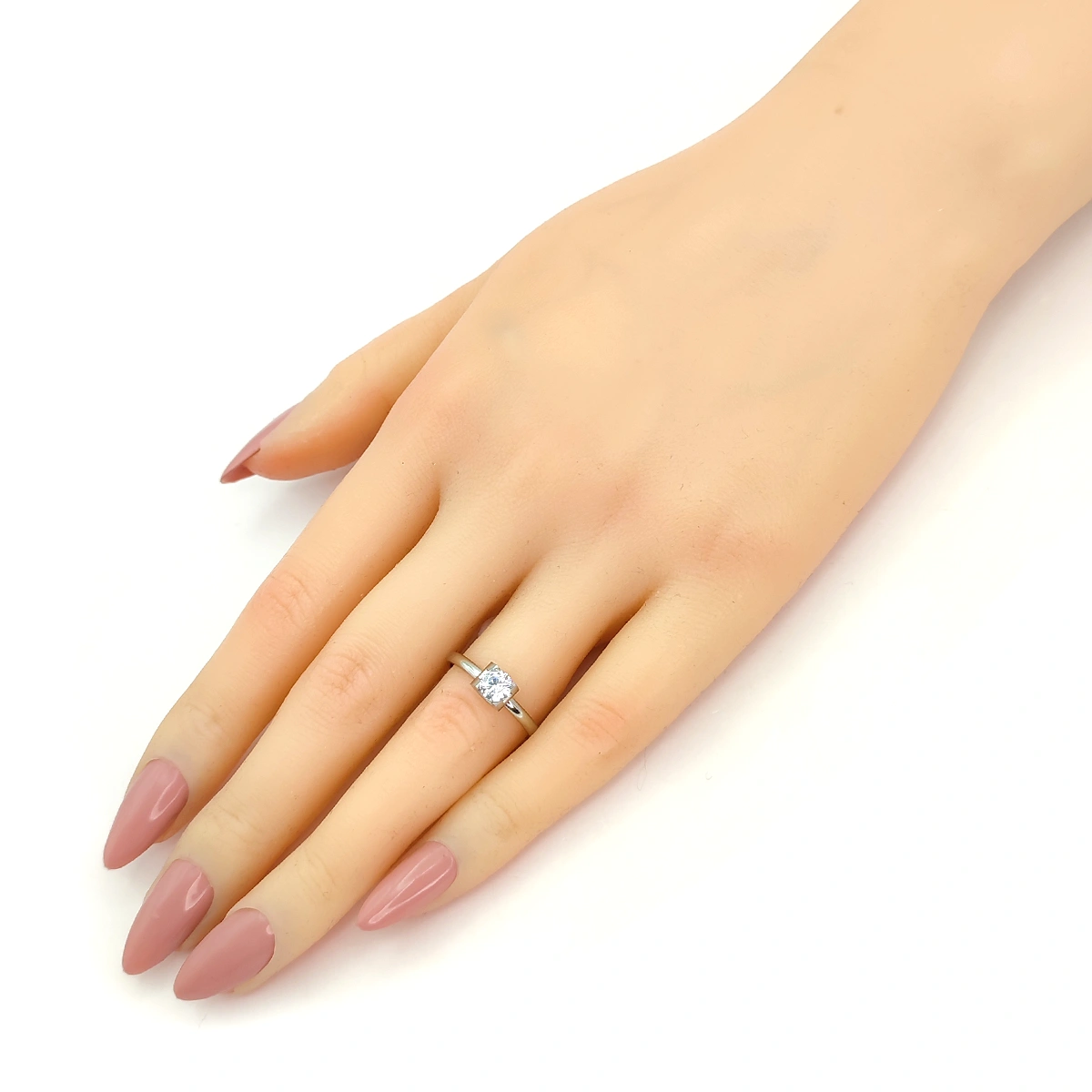 Anillo Acero Plateado Delgado Zirconia Solitaria Compromiso