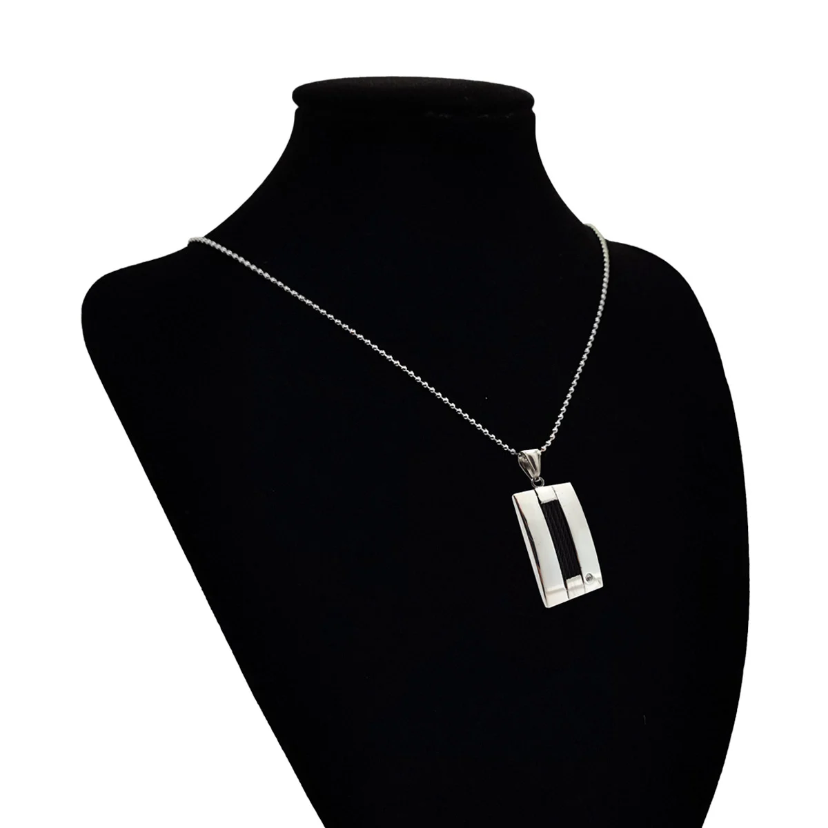 Collar Acero Plateado Placa Lineas Negras Zirconia Formal