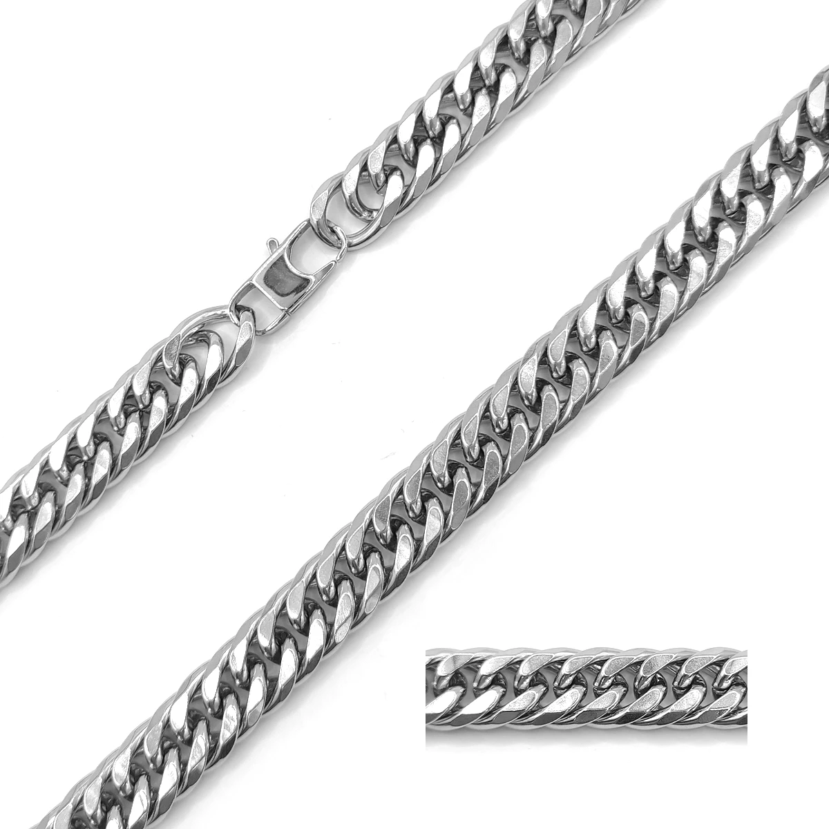 Cadena Acero Plateado Eslabon Cubano Continuo Grueso 14 mm