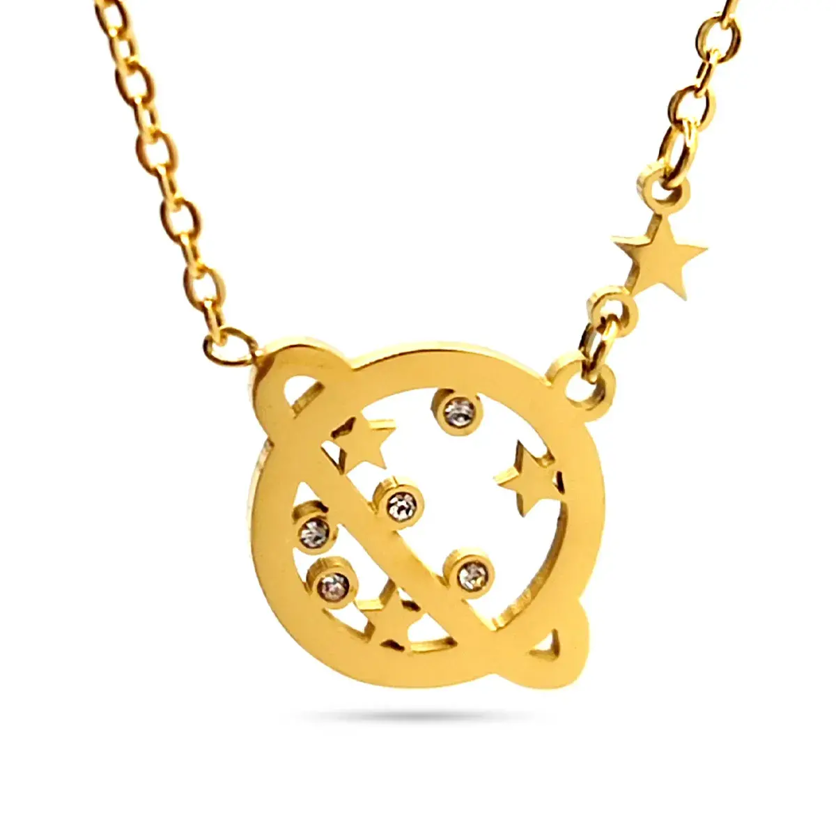 Collar Acero Dorado Planeta Saturno Estrellas Zirconia