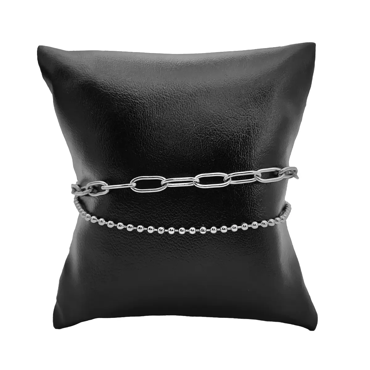 Pulsera Acero Plateado Doble Eslabon Oval Bolitas Militar