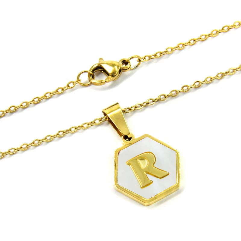 Collar Acero Inox Dorado Hexagonal Letra R Madre Perla