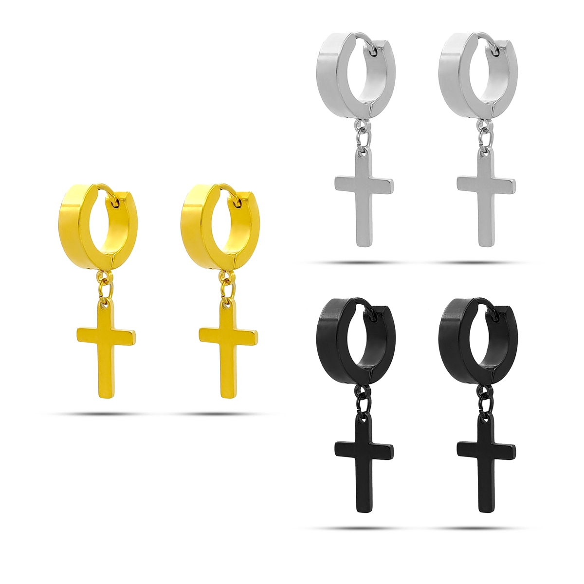 Aretes Acero Inox Arracadas Huggies Colgante Cruz Lisas