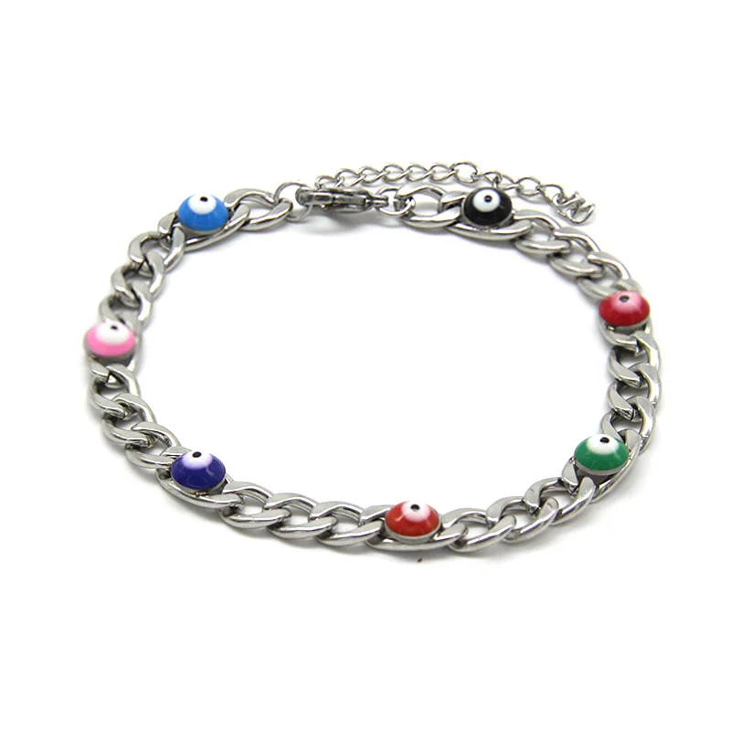 Pulsera Acero Inox Plateado Eslabon 3en1 Ojos Turcos