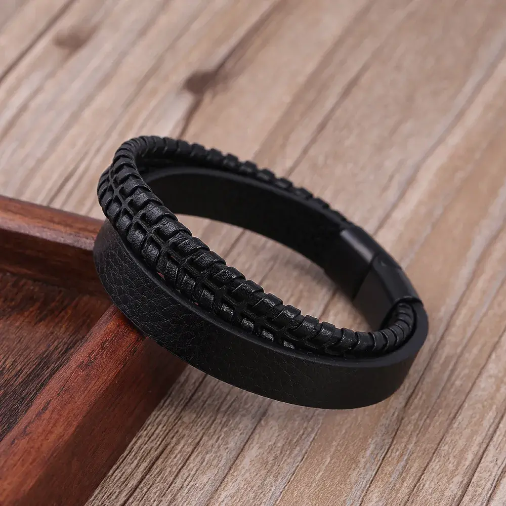 Pulsera Acero Negra Piel Dos Tiras Gruesas Tejida y Lisa