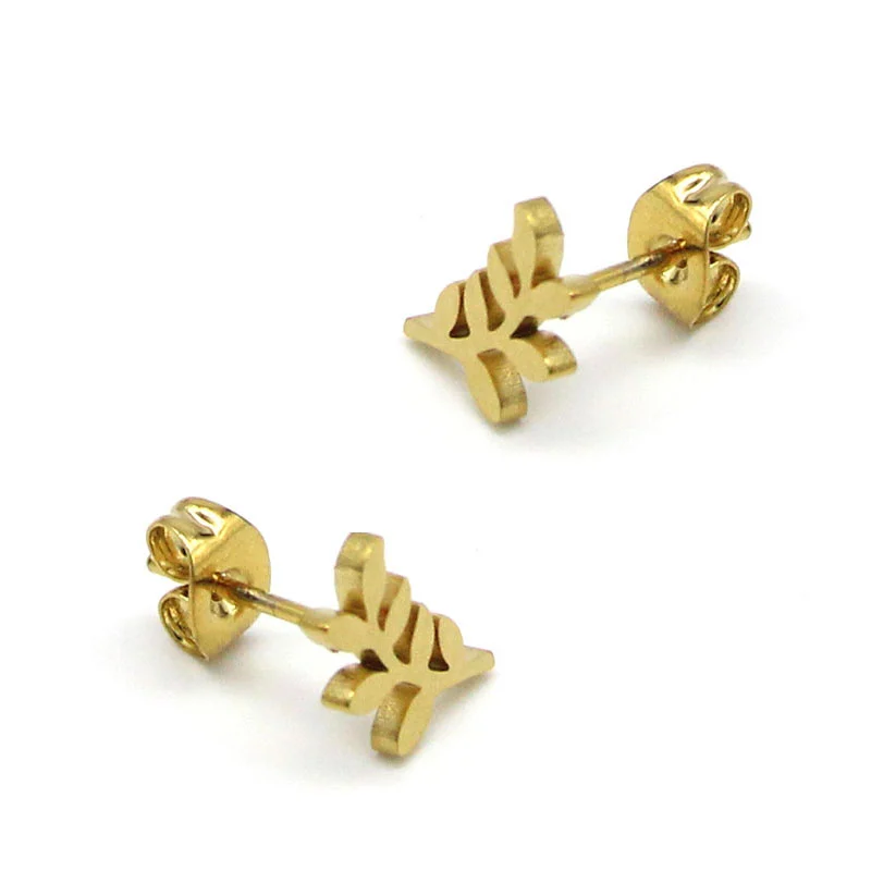 Aretes Tipo Broquel Acero Inox Dorado hojas de Laurel