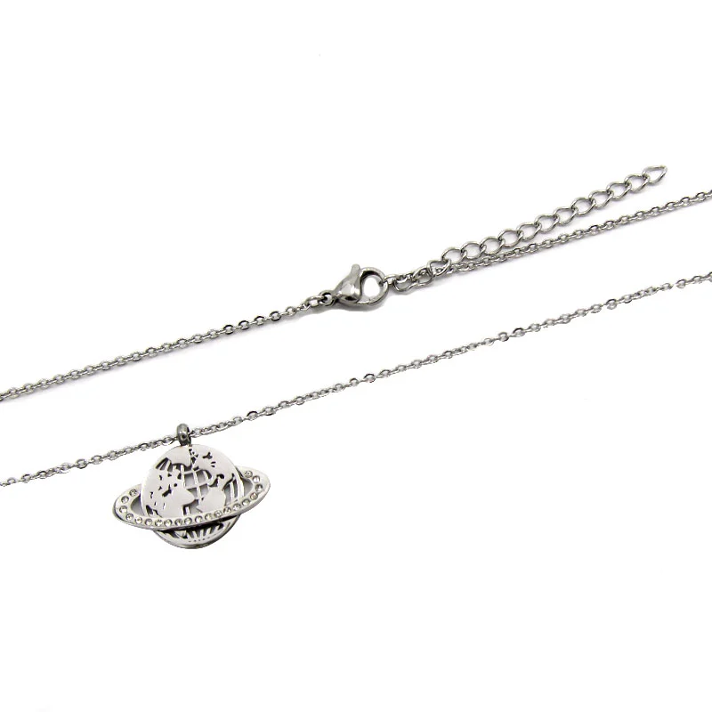 Collar Acero Inoxidable Plateado Saturno Anillo Cristales