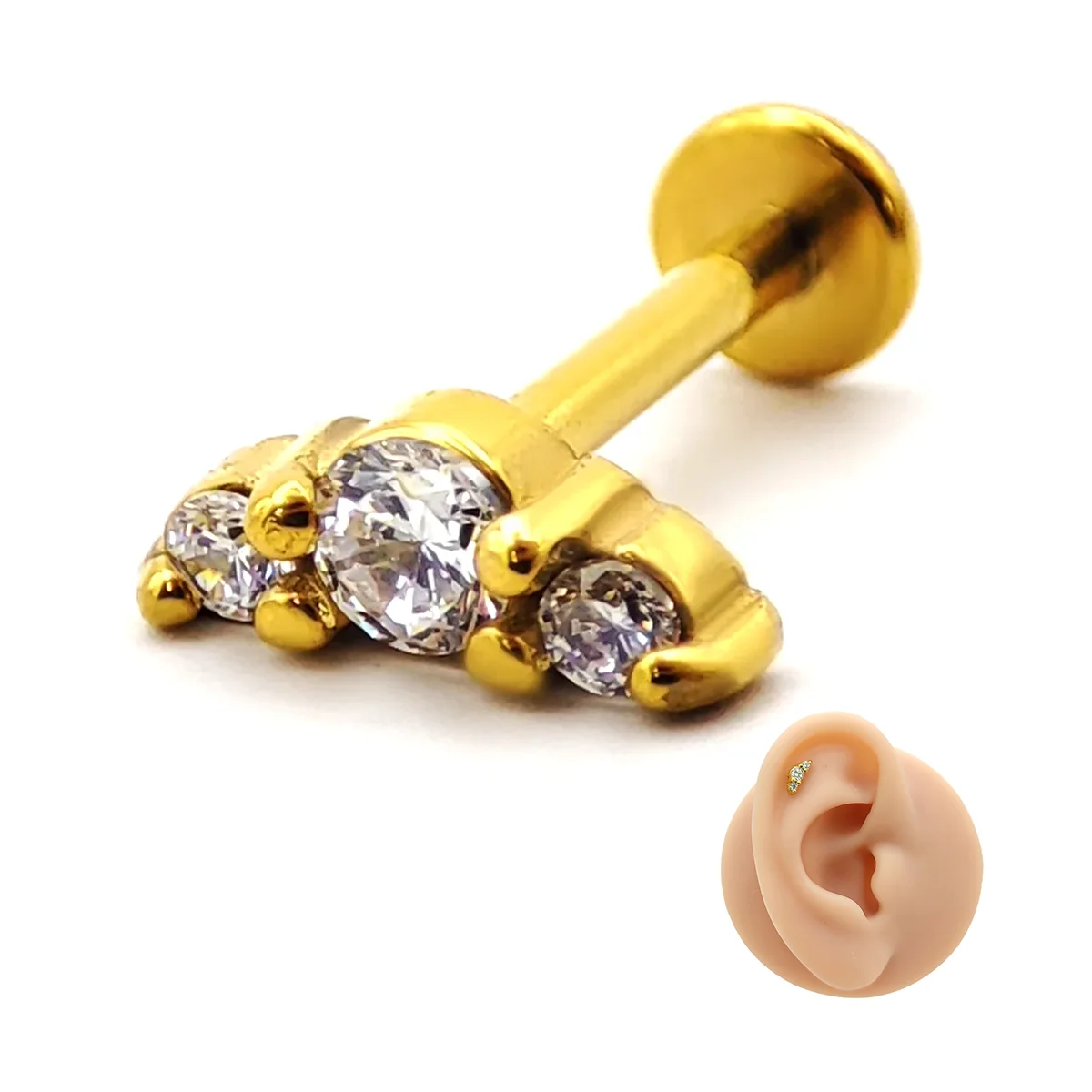 Piercing de Oreja Acero Tres Cristales Pequeño Curvo