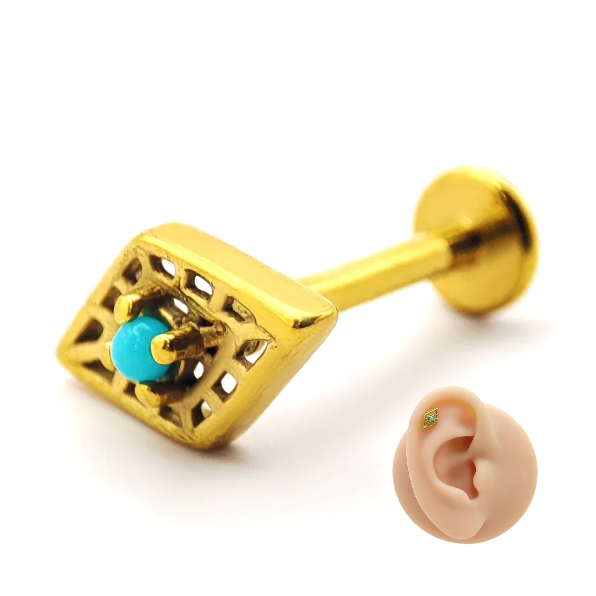 Piercing de Oreja Acero Rombo Geométrico Piedra Turquesa