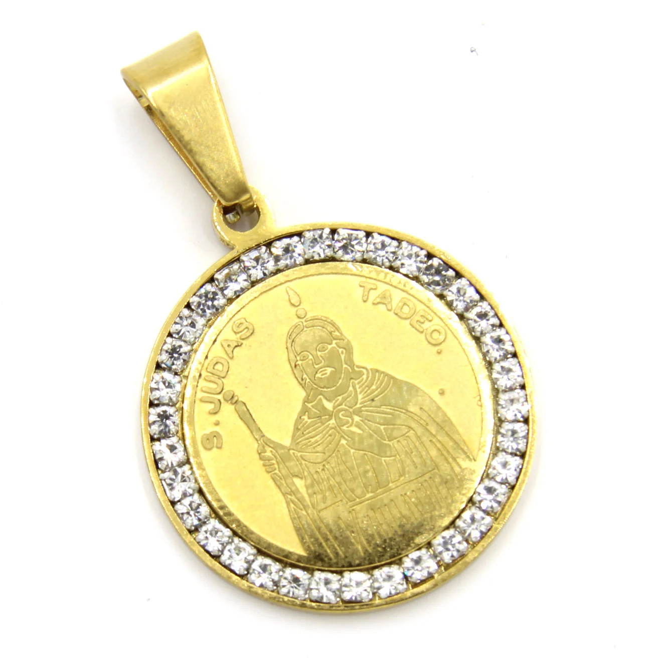 Dije Acero Dorado Medalla San Judas 22 Mm Zirconia