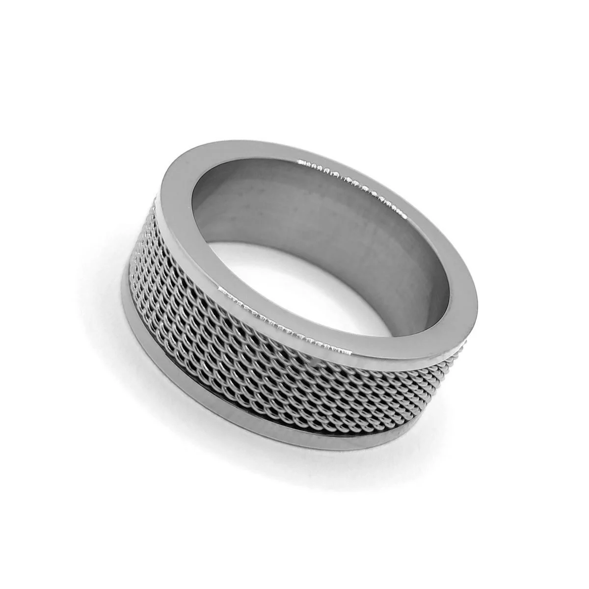 Anillo Acero Plateado Malla Biselado Tejido Hombre Lujo