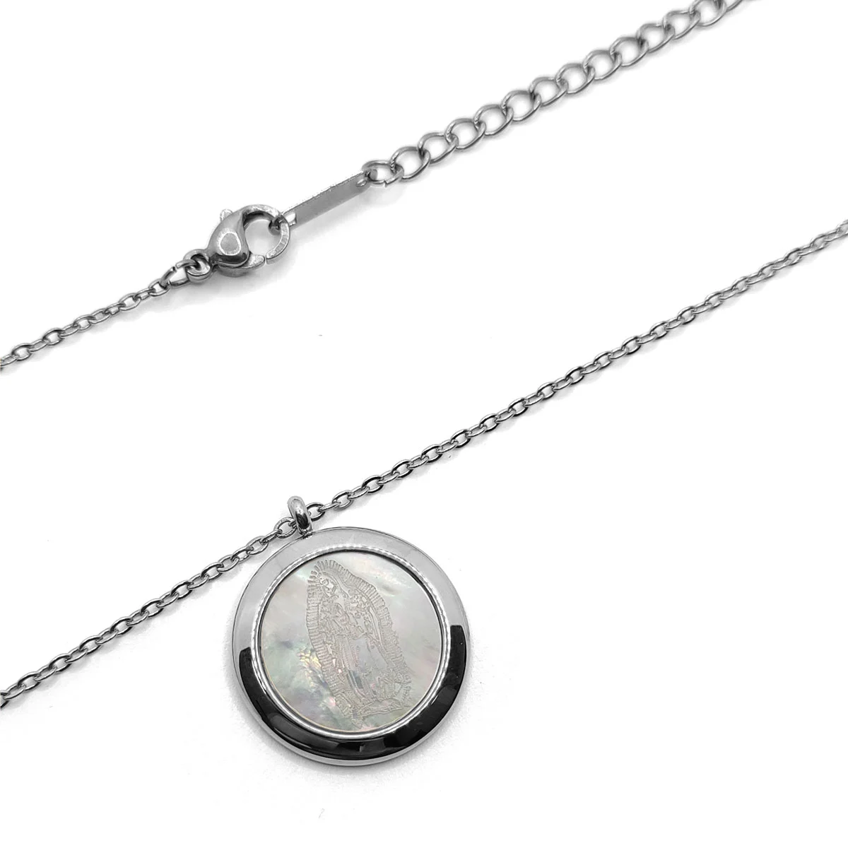 Collar Acero Inox Plateado Virgen Guadalupe Madre Perla