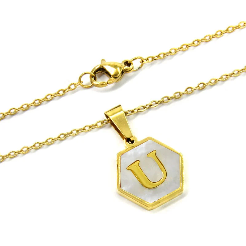 Collar Acero Inox Dorado Hexagonal Letra U Madre Perla