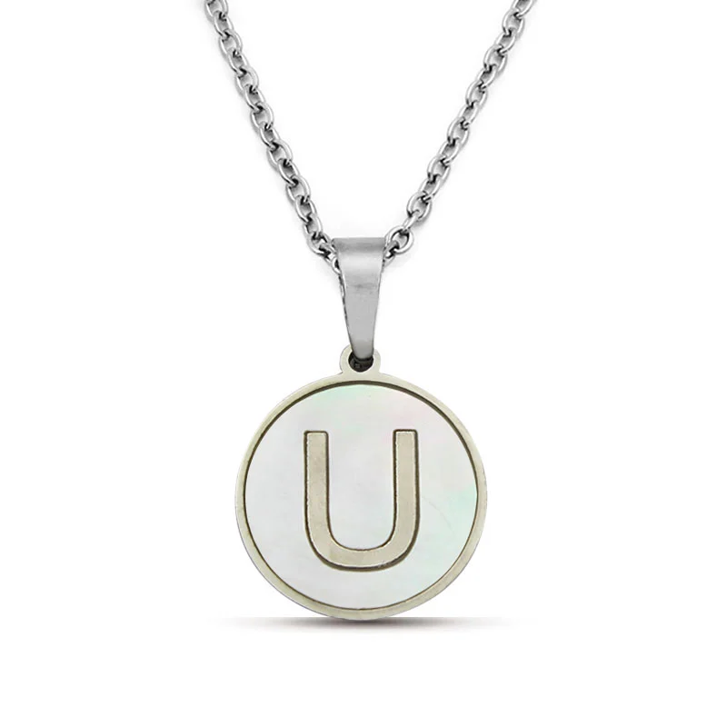 Collar Acero Plateado Circular Letra U Madre Perla