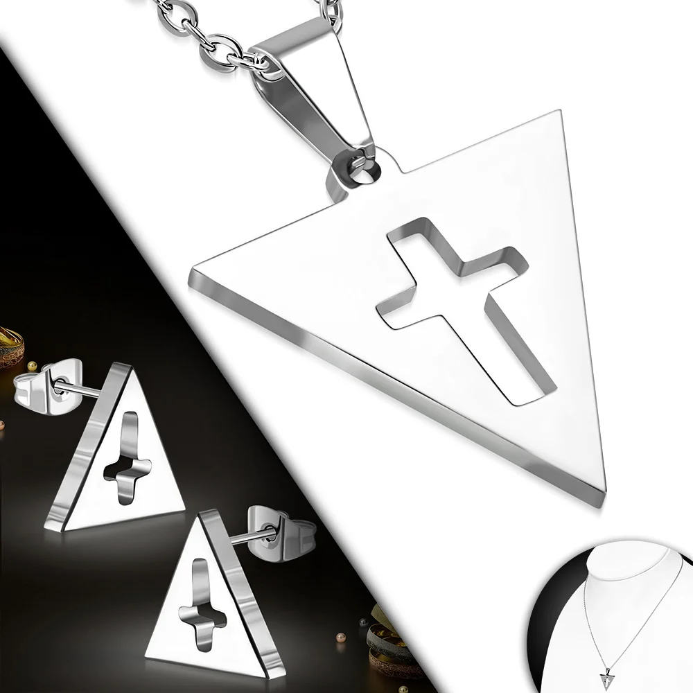 Set Joyería Acero Dije Cadena Aretes Cruz en Triángulo